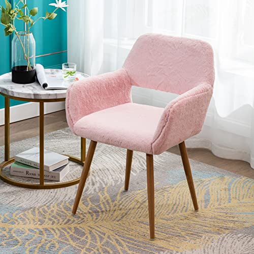 SSLine Faux Fur Vanity Chair Elegant Pink Furry Makeup Desk Chairs for Girls Women Modern Comfy Fluffy Arm Chair with Wood Look Metal Legs in Bedroom Living Room