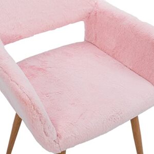 SSLine Faux Fur Vanity Chair Elegant Pink Furry Makeup Desk Chairs for Girls Women Modern Comfy Fluffy Arm Chair with Wood Look Metal Legs in Bedroom Living Room