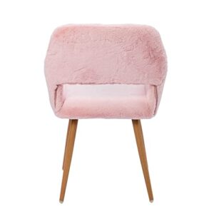 SSLine Faux Fur Vanity Chair Elegant Pink Furry Makeup Desk Chairs for Girls Women Modern Comfy Fluffy Arm Chair with Wood Look Metal Legs in Bedroom Living Room