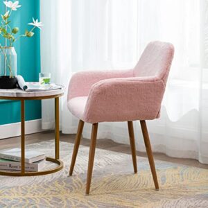SSLine Faux Fur Vanity Chair Elegant Pink Furry Makeup Desk Chairs for Girls Women Modern Comfy Fluffy Arm Chair with Wood Look Metal Legs in Bedroom Living Room