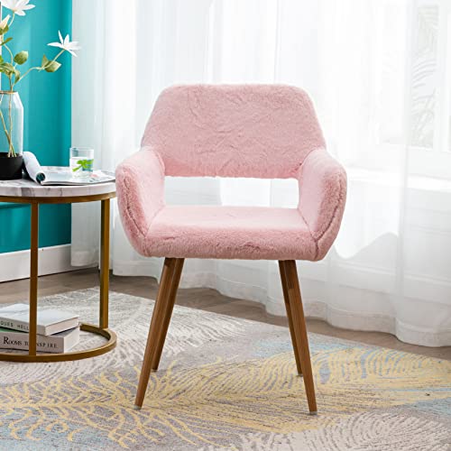 SSLine Faux Fur Vanity Chair Elegant Pink Furry Makeup Desk Chairs for Girls Women Modern Comfy Fluffy Arm Chair with Wood Look Metal Legs in Bedroom Living Room