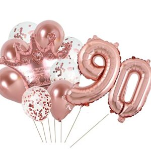 KUNGOON 90th Birthday Balloon,Rose Gold Number 90 Mylar Balloon,Funny 90th Birthday/Wedding Anniversary Crown Aluminum Foil Balloon Decoration for Women/Men.