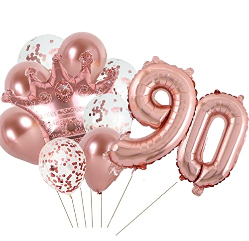 KUNGOON 90th Birthday Balloon,Rose Gold Number 90 Mylar Balloon,Funny 90th Birthday/Wedding Anniversary Crown Aluminum Foil Balloon Decoration for Women/Men.