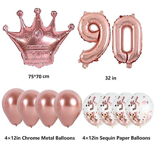 KUNGOON 90th Birthday Balloon,Rose Gold Number 90 Mylar Balloon,Funny 90th Birthday/Wedding Anniversary Crown Aluminum Foil Balloon Decoration for Women/Men.