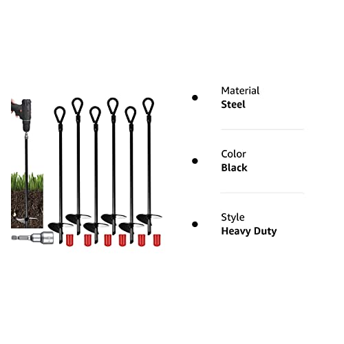 Tondiamo 18 Inch Long Ground Anchor Kit, 3 Inch Wide Helix, Heavy Duty Earth Augers Solid Steel Shaft with Drill Bit for Tents, Swing Sets, Securing Animals, Canopies, Trampoline, Sheds (Black, 6 Pcs)