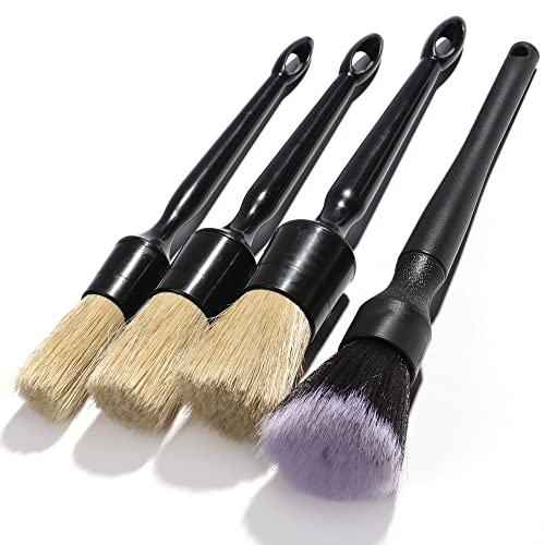 4 PCS Car Boars Hair Detailing Brushes Set, Interior Cleaning Dusting Brushes, Ultra- Soft Auto Detail Brush Perfect Automotive Exterior Cleaning Tool Emblems Wheels Upholstery Air Vents Leather Seat