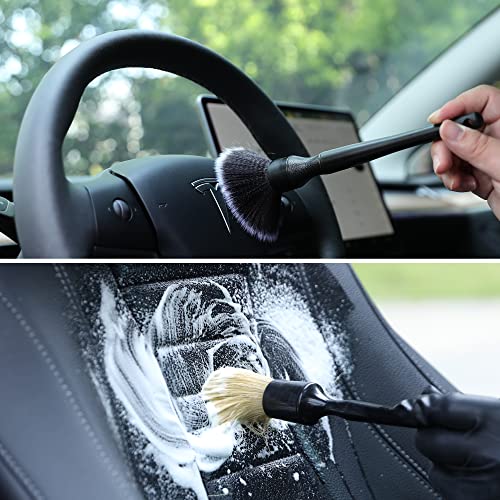 4 PCS Car Boars Hair Detailing Brushes Set, Interior Cleaning Dusting Brushes, Ultra- Soft Auto Detail Brush Perfect Automotive Exterior Cleaning Tool Emblems Wheels Upholstery Air Vents Leather Seat