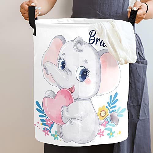 Personalized Cute Elephant Laundry Basket with Name Waterproof Foldable Storage Bin for Bathroom Home Office Cloth