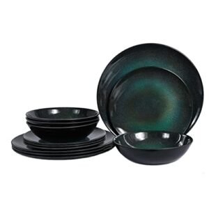 melamine dinnerware set, 12pcs plates and bowls set,service for 4, dishwasher safe,indoor outdoor use (green)