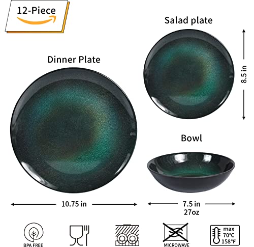 Melamine Dinnerware Set, 12pcs Plates and Bowls Set,Service for 4, Dishwasher Safe,Indoor Outdoor use (Green)