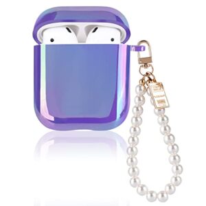 glitter laser case for airpods 2/1 with pearl wrist bracelet chain keychain soft tpu protective case for women girls kids cover compatible with airpod 2nd &1st gen -lilac purple