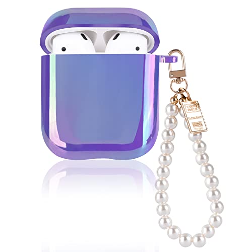 Glitter Laser Case for AirPods 2/1 with Pearl Wrist Bracelet Chain Keychain Soft TPU Protective Case for Women Girls Kids Cover Compatible with AirPod 2nd &1st Gen -Lilac Purple