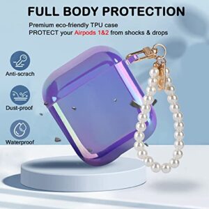 Glitter Laser Case for AirPods 2/1 with Pearl Wrist Bracelet Chain Keychain Soft TPU Protective Case for Women Girls Kids Cover Compatible with AirPod 2nd &1st Gen -Lilac Purple