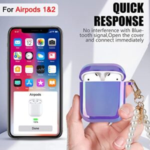 Glitter Laser Case for AirPods 2/1 with Pearl Wrist Bracelet Chain Keychain Soft TPU Protective Case for Women Girls Kids Cover Compatible with AirPod 2nd &1st Gen -Lilac Purple