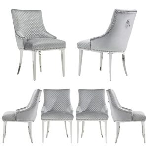 azhome dining chairs, silver gray velvet upholstered dining room chairs with silver metal legs, heavy duty dining chair set of 6