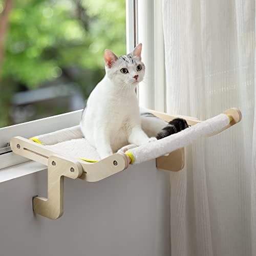 MEWOOFUN Sturdy Cat Window Perch Cat Hammock for Window Cat Window Seat Bed with Reversible Mat No Suction No Drilling Cat Perches Holds Up to 40lbs (Beige)