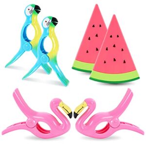 whaline 6pcs beach towel clips flamingo parrot watermelon shaped clothes pins cute portable towel holders plastic towel pin for sun lounger patio pool beach chairs blanket sun beds, 3 designs