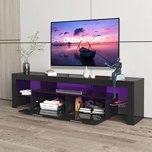 Clikuutory Modern LED 63 inch TV Stand with Large Storage Drawer for 40 50 55 60 65 70 75 Inch TVs, Black Wood TV Console with High Glossy Entertainment Center for Gaming, Living Room, Bedroom