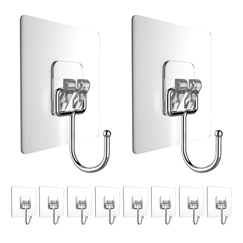 NileHome Adhesive Hooks for Hanging 10 Packs Heavy Duty Wall Hooks Reusable Removable Waterproof Bathroom Hooks Transparent Sticky Hooks for Kitchen Glass Door