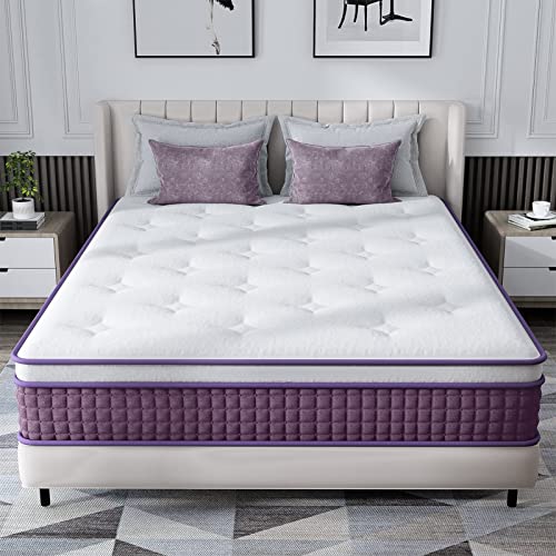 REGOSS 12 Inch Innerspring Hybrid Mattress, Motion Isolation Individually Wrapped Pocket Coils Mattress, Queen Size Mattress in a Box, Foam and Spring Mattress for Pressure Relief, Purple