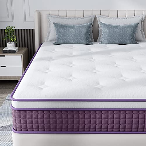 REGOSS 12 Inch Innerspring Hybrid Mattress, Motion Isolation Individually Wrapped Pocket Coils Mattress, Queen Size Mattress in a Box, Foam and Spring Mattress for Pressure Relief, Purple