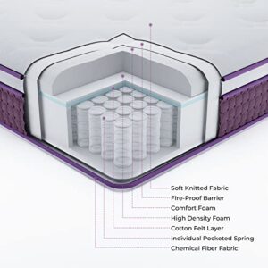 REGOSS 12 Inch Innerspring Hybrid Mattress, Motion Isolation Individually Wrapped Pocket Coils Mattress, Queen Size Mattress in a Box, Foam and Spring Mattress for Pressure Relief, Purple