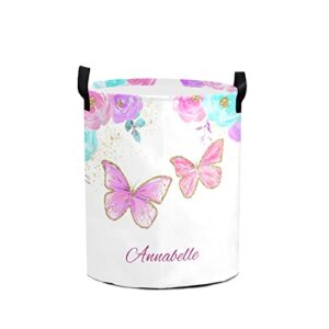 butterfly floral personalized waterproof foldable laundry basket bag with handle, custom collapsible clothes hamper storage bin for toys laundry dorm travel bathroom