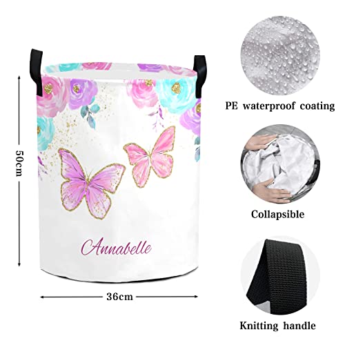 Butterfly Floral Personalized Waterproof Foldable Laundry Basket Bag with Handle, Custom Collapsible Clothes Hamper Storage Bin for Toys Laundry Dorm Travel Bathroom