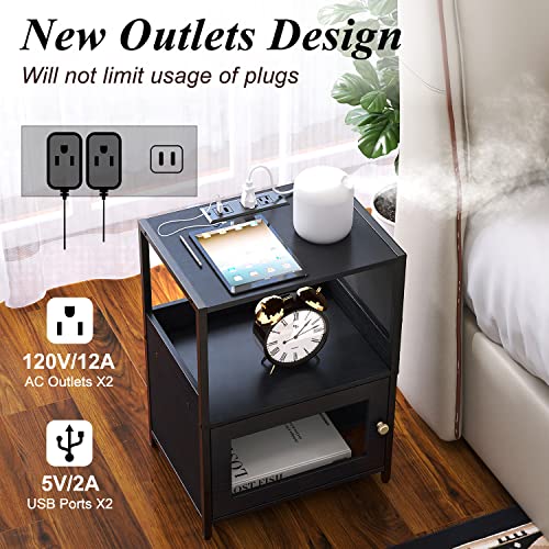 SAUCE ZHAN End Table with Charging Station, Nightstand with USB Ports and Outlets, Fabric Bags, Bedside Table for Small Space Side Table with Storage Drawer for Living Room, Bedroom, Office, Black