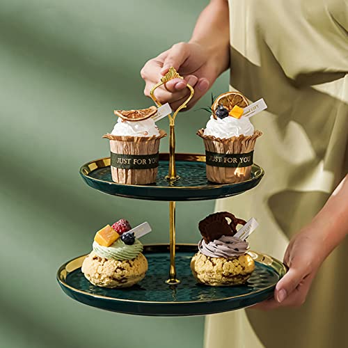 Tosnail Set of 2 Porcelain Cupcake Stand Ceramic Dessert Stand Tiered Serving Trays with Gold Rod, 3 Tiers and 2 Tiers Cake Stand Party Serving Trays Fruit Pastry Holders for Wedding and Party