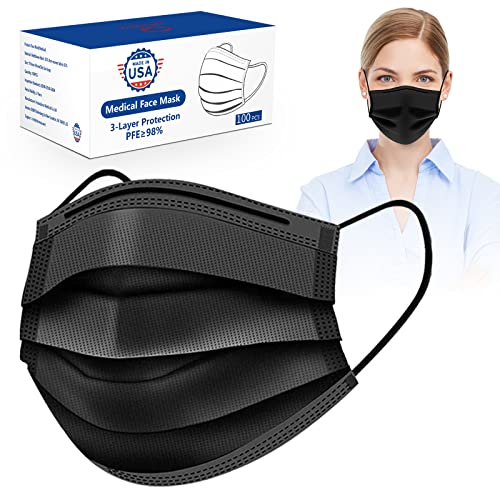 100 Pack Black Disposable Face Masks, USA Made Bulk masks disposable 3-Layer Adult Safety Masks for Protection with Elastic Earloops