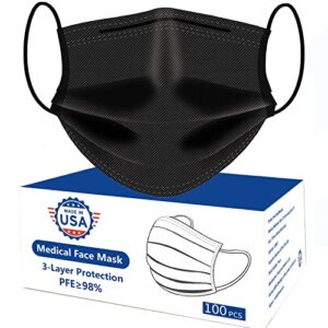 100 Pack Black Disposable Face Masks, USA Made Bulk masks disposable 3-Layer Adult Safety Masks for Protection with Elastic Earloops