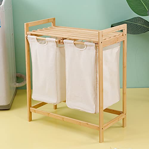 Bamboo Laundry Hamper 2 Section Large Divided Double Laundry Basket with Removable Sliding Bags Pull Out Wooden Large Capacity Laundry Sorter Organizer and Storage Wooden Laundry Sorter for Home Use