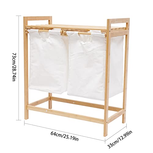 Bamboo Laundry Hamper 2 Section Large Divided Double Laundry Basket with Removable Sliding Bags Pull Out Wooden Large Capacity Laundry Sorter Organizer and Storage Wooden Laundry Sorter for Home Use