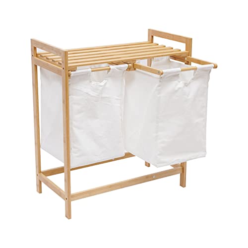 Bamboo Laundry Hamper 2 Section Large Divided Double Laundry Basket with Removable Sliding Bags Pull Out Wooden Large Capacity Laundry Sorter Organizer and Storage Wooden Laundry Sorter for Home Use