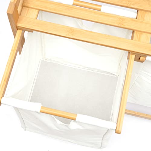 Bamboo Laundry Hamper 2 Section Large Divided Double Laundry Basket with Removable Sliding Bags Pull Out Wooden Large Capacity Laundry Sorter Organizer and Storage Wooden Laundry Sorter for Home Use