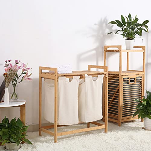 Bamboo Laundry Hamper 2 Section Large Divided Double Laundry Basket with Removable Sliding Bags Pull Out Wooden Large Capacity Laundry Sorter Organizer and Storage Wooden Laundry Sorter for Home Use