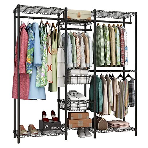 Xiofio 6 Tiers Heavy Duty Clothes Rack, Metal Clothing Rack,Clothing Storage Organizer,Garment Rack with Basket,Hanging Adjustable Garment Rack,65.0" L x 15.7" W x 76.0" H,Max Load 800LBS,Black