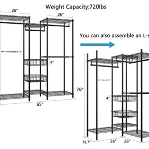 Xiofio 6 Tiers Heavy Duty Clothes Rack, Metal Clothing Rack,Clothing Storage Organizer,Garment Rack with Basket,Hanging Adjustable Garment Rack,65.0" L x 15.7" W x 76.0" H,Max Load 800LBS,Black