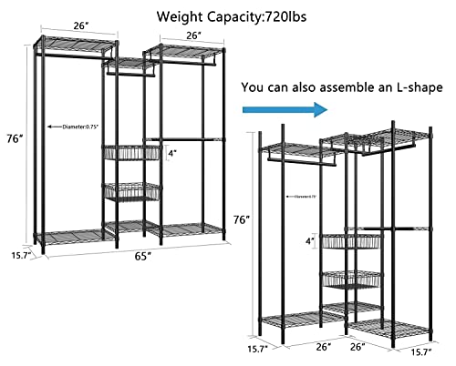 Xiofio 6 Tiers Heavy Duty Clothes Rack, Metal Clothing Rack,Clothing Storage Organizer,Garment Rack with Basket,Hanging Adjustable Garment Rack,65.0" L x 15.7" W x 76.0" H,Max Load 800LBS,Black