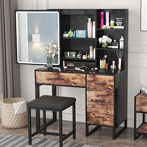 PAKASEPT Vanity Set with Sliding Lighted Mirror, Vanity Desk Makeup Vanity Dressing Table with LED Lights, 4 Drawers, Hidden Shelves & Cushioned Stool for Bedroom