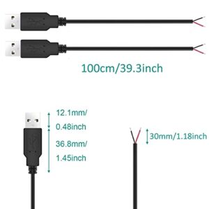 USB 2.0 Male Bare Cable Pigtail Open End Extension Cables 5V 3A Power Charge Wires DIY Connector Replacement Cable Cord 18AWG -2pcs (1M)