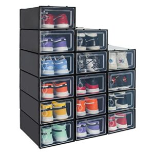hrrsaki 15 pack foldable shoe storage boxes, black plastic stackable shoe organizer boxes with front opening lids, ventilation and dust-proof, shoe container boxes for closet, bedroom, bathroom, fit for women/men size 9(13” x 9” x 5.5”)