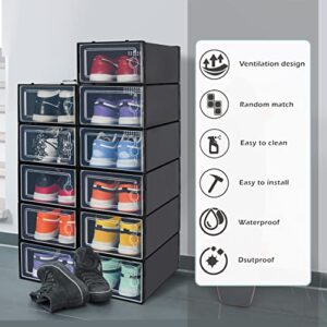 Hrrsaki 15 Pack Foldable Shoe Storage Boxes, Black Plastic Stackable Shoe Organizer Boxes with Front Opening Lids, Ventilation and Dust-proof, Shoe Container Boxes for Closet, Bedroom, Bathroom, Fit for Women/Men Size 9(13” x 9” x 5.5”)