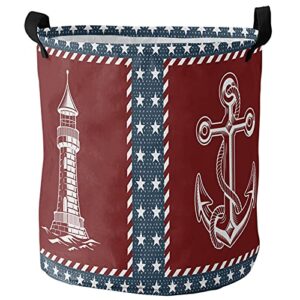 laundry baskets with handles,nautical theme independence day waterproof freestanding laundry hamper,round collapsible hampers for laundry,clothes,toys,lighthouse anchor sailboat rudder,16.5x17inch
