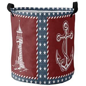 Laundry Baskets with Handles,Nautical Theme Independence Day Waterproof Freestanding Laundry Hamper,Round Collapsible Hampers for Laundry,Clothes,Toys,Lighthouse Anchor Sailboat Rudder,16.5x17inch