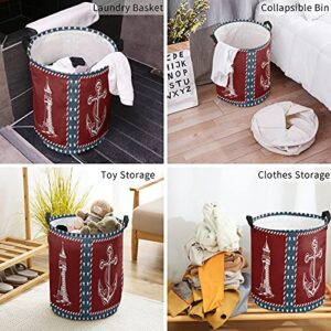 Laundry Baskets with Handles,Nautical Theme Independence Day Waterproof Freestanding Laundry Hamper,Round Collapsible Hampers for Laundry,Clothes,Toys,Lighthouse Anchor Sailboat Rudder,16.5x17inch