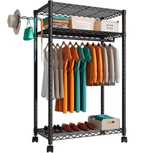 punion heavy duty rolling garment rack,portable clothes rack for hanging clothes,clothing rack,wardrobe storage rack with 3 shelves,1 hang rod,1 side hook,36" lx18 wx71 h, max load 500lbs, black,gr1