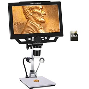 9 inch lcd digital usb microscope with 32g tf card, micsci 12mp coin microscope with screen handheld video camera, pc view,10" stand,5000 mah rechargeable battery,for coins soldering