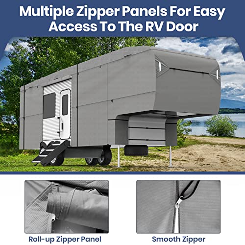 XGEAR Easy Setup 29' -33' 5th Wheel RV Cover Windproof 5th Wheel Cover, Extra 5-Layer top Roof for Max Weather Protection, Grey ( Grey/Easy Setup W 4 Tire Covers and Kits)